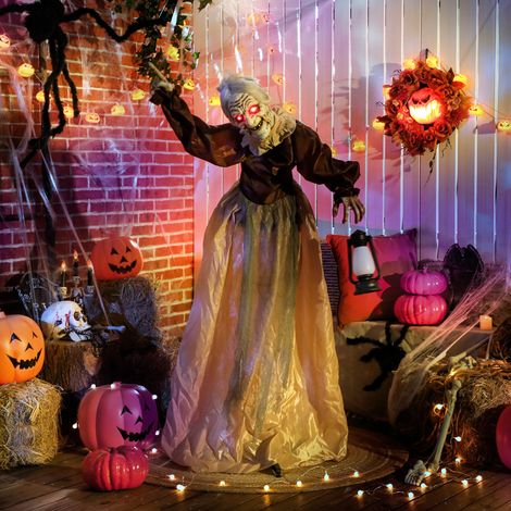 Strega di Halloween alta 150 cm, con luci a LED, funzione sonora, braccia e testa regolabili. (1/5)