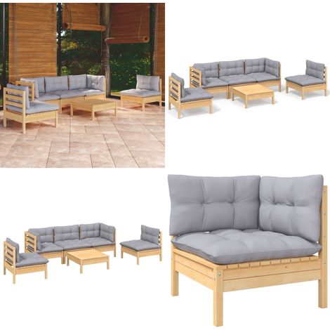 Set Divani da Giardino 6 pz con Cuscini Grigi Massello di Pino - Divano angolare - Cuscini per divano