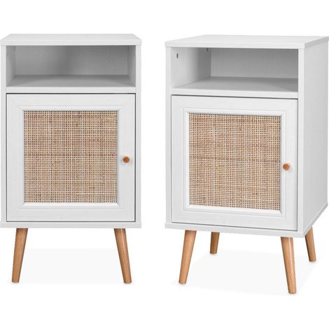 Pair of scandi-style bedside tables with cupboard, Boheme, Blanc cassé, 39x40x70 cm (1/5)