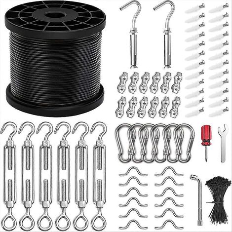300 Fuß langes Set vinylbeschichtetes Edelstahlkabel für Lichterketten, robustes Aufhängeset für den Außenbereich (1/5)