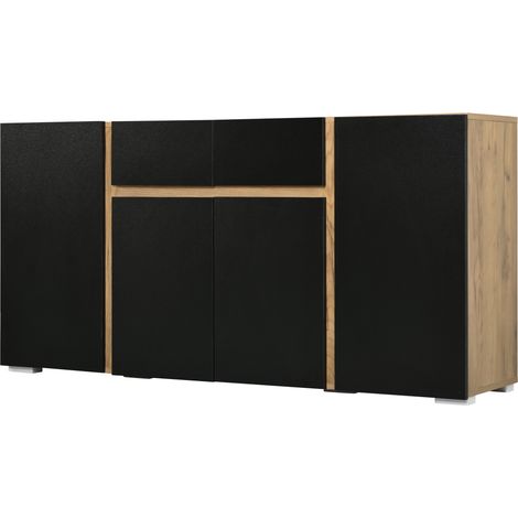 Aparador con 4 Puertas, 2 Cajones y Estantes Ajustables para Salón de MDF, Negro y Decor Madera, 140 x 35 x 70 cm (1/5)