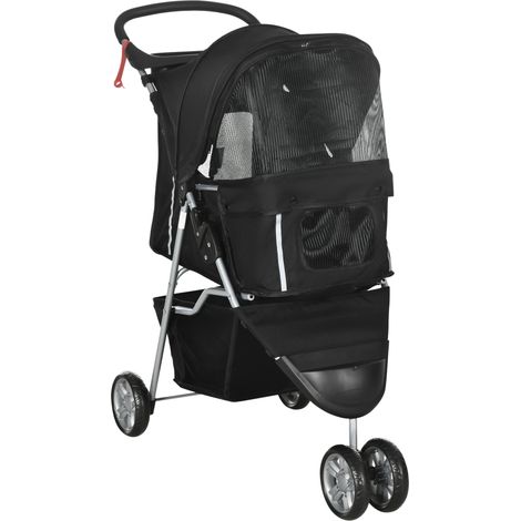 Poussette pliable pour petits chiens 10 kg, chariot canin noir avec roues freinées, porte-gobelet, panier de rangement et coussin amovible lavable.