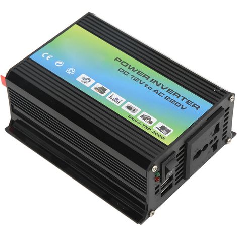 300-W-Wechselrichter mit modifizierter Sinuswelle für Fahrzeuge, 12-V-DC-auf-110-V-AC-Wandler mit zwei USB-Anschlüssen, Schwarz (1/5)