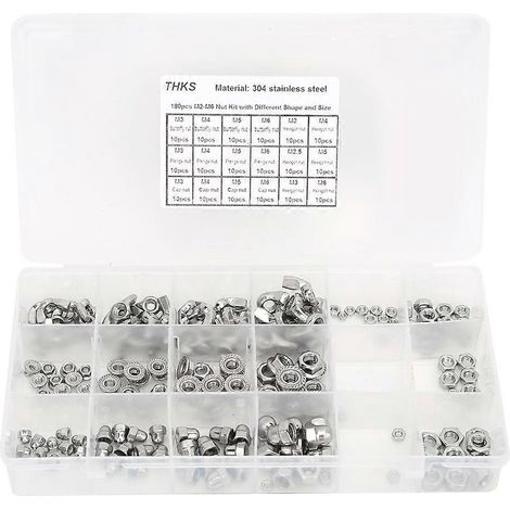 180-teiliges Set Edelstahlmuttern, Flügelflanschkappen, Sechskantmuttern M2, M2,5, M3, M4, M5, M6