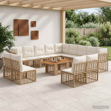 vidaXL Set Divano da Giardino 14 pz Naturale e Bianco Crema polyrattan (1/5)