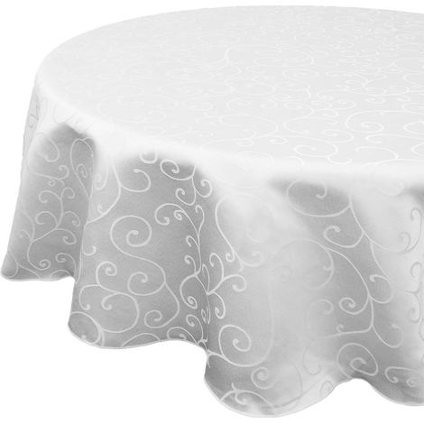 Runde, weiße Damasttischdecke Ø 178 cm, Muster mit überlappenden Zweigen, nahtloses Leinen/Polyester