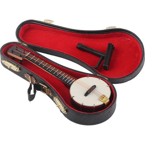 Realistisches Mini-Banjo, glatte Oberflächen, Puppenhauszubehör mit Ständer, Aufbewahrungsbox, dekoratives Geschenkspielzeug (1/5)