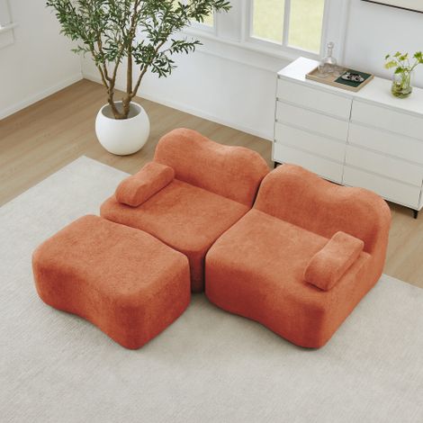 Canapé modulable 2 places sans structure rigide, forme ondulée, assise profonde, coussin d’accoudoir mobile, sans montage, canapé pour salon et appartement, Orange (1/5)