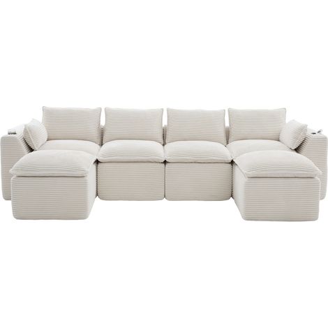 Divano modulare 4 posti in velluto a coste beige con 2 pouf, cuscini, portabicchieri e tasche (1/5)