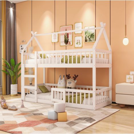 MEUBLIV Kinder-Etagenbett 90x200 cm Weiß – mit Treppe und Dach, ohne Matratze (1/5)