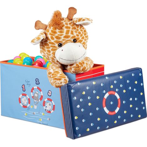 Relaxdays Children’s Ottoman, Folding Storage Box for Boys and Organisers, 50 Litres, Compact, Ocean, Blue