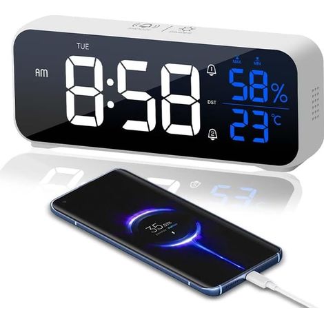 Digitaler Wecker, LED-Digitaluhr im Spiegeldesign, Wecker am Morgen, 5 einstellbare Alarmmodi und 5 einstellbare Helligkeitsstufen, 12/24 Stunden, Weiß (1/4)