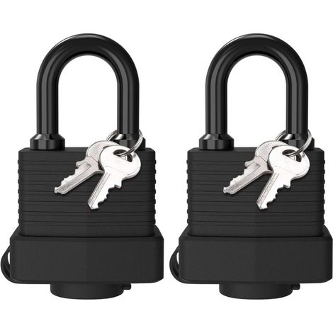 Keyed Padlock with Thermoplastic Protection, [2 Pack] Waterproof Brass Padlock, Weatherproof Outdoor Laminated Steel Padlock, 4 Keys, for Locker, Gym, Garage, Fence (Black) (1/5)