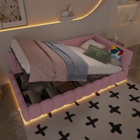 Cama con almacenaje LED 90x200 cm rosa OKMYHOME (1/5)