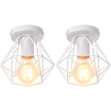 royaluxe- (2X) Plafonnier Rétro Lampe De Plafond D'Intérieur Vintage Blanc Luminaire Plafonnier Cage En Fer Métallique , Pour Cuisine, Bureau