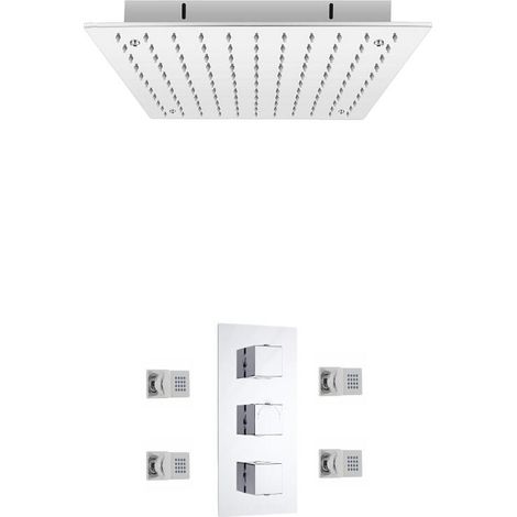 Milano Arvo 2 Outlet Triple Thermostatic Mixer Shower Valve with 400mm Ceiling Mounted Square Recessed Rainfall Shower Head and Body Jets - Chrome (1/5)