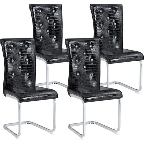 Set de 4 sillas de comedor retro negras de PVC efecto cocodrilo, patas cromadas (1/5)