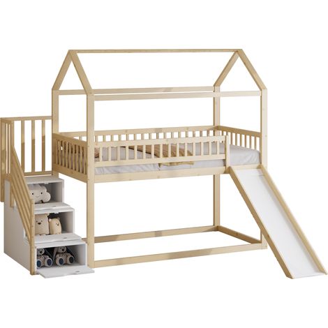Kinder-Hochbett 90 x 200 cm mit Rutsche und Aufbewahrungstreppe, Naturholzstruktur (1/5)