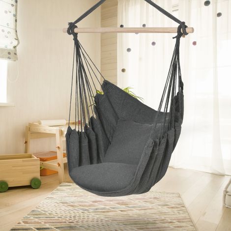 Fauteuil suspendu extérieur chaise hamac avec 2 coussins, intérieur et extérieur, en tissu coton mélangé, gris foncé