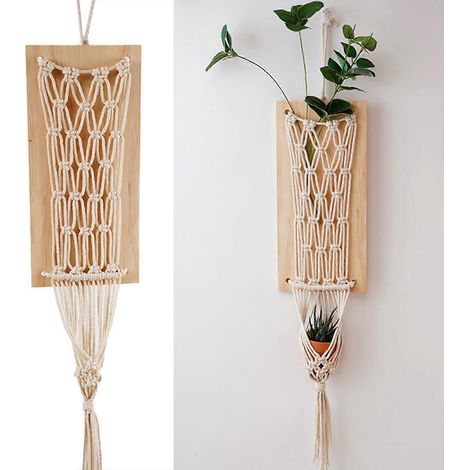 Support mural en macramé pour fleurs séchées avec planche en bois, style bohème, tissé à la main, pour la décoration intérieure et extérieure. (1/4)