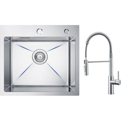 Cecipa Lavello Acciaio Inox 1 Vasca 50×45 cm Lavello Cucina Spazzolato + Miscelatore Cucina Spring con Doccetta Estraibile, Rubinetto Lavello 2 Modalità Uscita Acqua, Spazzolato