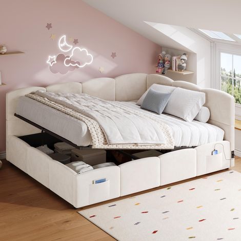 Lit capitonné, lit enfant, lit de jour, lit coffre, canapé-lit 140x190 cm, avec sommier à lattes, chargeur USB, sac de rangement, lit junior et lit adulte-enfant, velours, beige (sans matelas)