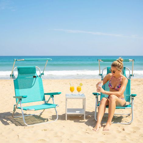 Ensemble de 2 chaises de plage pliantes avec auvent réglable, dossier inclinable 6 positions et appui-tête - Turquoise