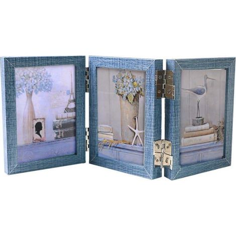 zhan-Cadre photo rétro pliable et rotatif en bois pour 3 photos de 15 cm, pour un bureau rustique unique (bleu) (1/2)