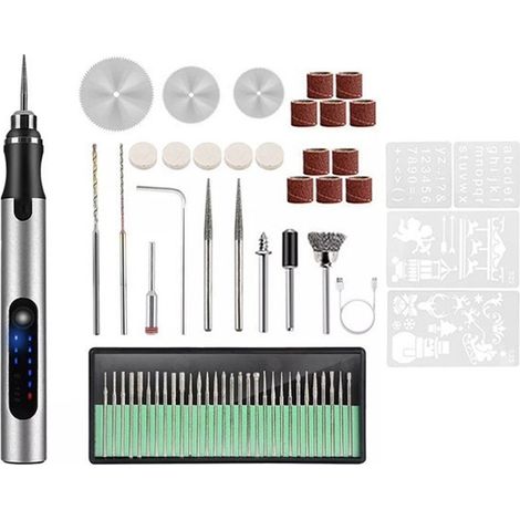 Stylo graveur électrique, 3 vitesses réglables, outil de gravure sans fil rechargeable, ensemble de 63 pièces (argent) (1/5)