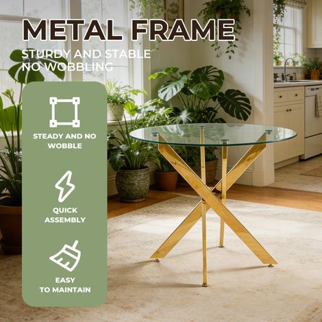 Table ronde en verre trempé doré avec piètement croisé métal chromé, parfaite pour cuisine ou salon. Dimensions 80x80x75 cm, style moderne et élégant. (1/5)