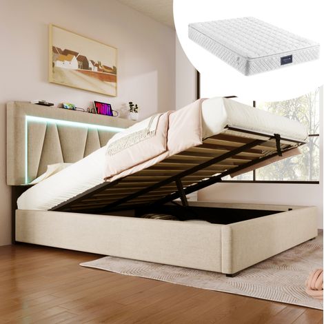 Polsterbett 140x200 cm mit LED, USB-C, Stauraum, Leinen Beige, ohne Matratze – MEUBLIV (1/5)