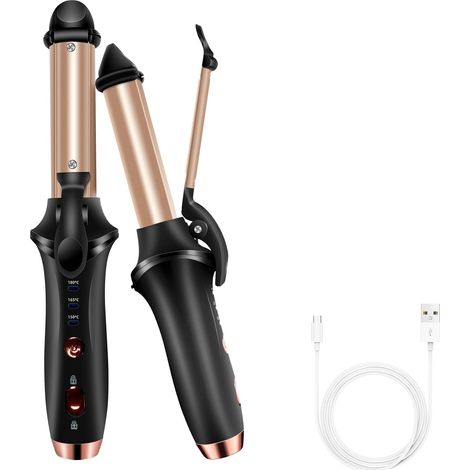 Fer à friser sans fil USB 4000 mAh rechargeable, 150°C-180°C mini lisseur boucleur portable, 3 réglages de chaleur, idéal cheveux courts, fer à boucler et lisser 2 en 1 pour voyage (1/5)