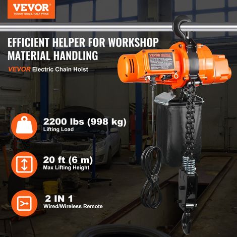 Palan électrique à chaîne, 998 kg, grue monophasé avec chaîne, 1000 W, hauteur de levage max 6 m, télécommande sans fil de 100 m et… (1/5)