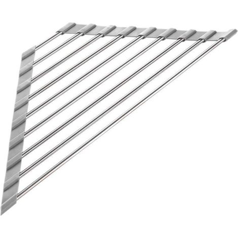 Égouttoir à vaisselle triangulaire enroulable pour évier d'angle, petit évier pliable en acier inoxydable, égouttoir de cuisine multifonctionnel, support de rangement (gris) (1/4)