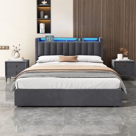 Cama tapizada 140x200 cm con arcón abatible, LED regulable, puerto USB, estante y somier de metal, terciopelo gris DESVIAE (1/5)