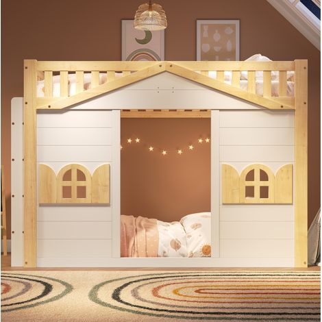 Lit enfant mezzanine cabane 90x200 cm blanc et bois HAVRYA (1/5)