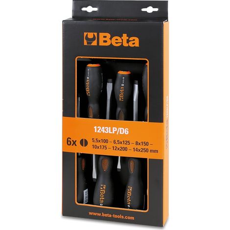Beta 1243LP/D6 – Jeu de 6 tournevis plats, manche bi-matière, lame hexagonale traversante, marteau en acier – Outils professionnels (1/4)