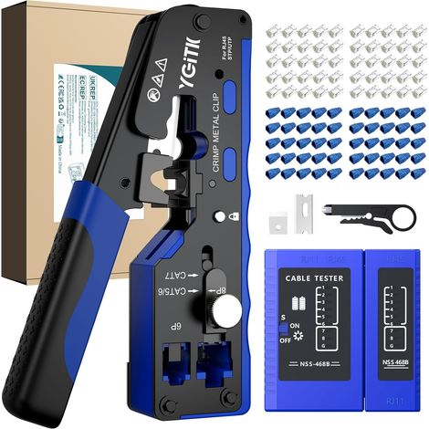 RJ45 Cat7 Cat6A Cat6 Cat5e Ethernet Crimping Tool Kit with Cable Tester, 50 Connectors and CAT6 Boots, Wire Stripper for Network Installation Repair (1/5)