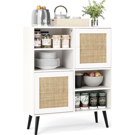 COSTWAY Rattan Sideboard Buffet Cabinet Boho Accent Cabinet w/4 Cubbies-Natural (1/5)
