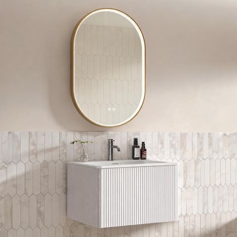 Ensemble de salle de bains avec miroir, meuble vasque 60 cm avec caisson, pré-assemblé, caisson rayé blanc avec un tiroir, miroir ovale LED 50 × 80 cm avec strass et cadre doré brossé (1/5)