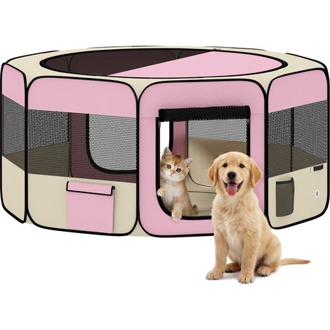 PawHut parque plegable para perros y gatos, corralito portátil para animales pequeños impermeable de tela oxford, exterior, interior, Ø90x41 cm, rosa