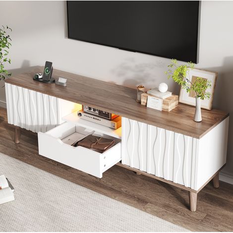 Meuble TV LED 160x40x52 cm blanc et noyer foncé en MDF et panneau de particules avec portes coulissantes et rangement (1/5)