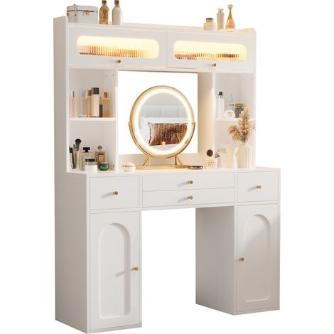 Coiffeuse avec Miroir LED 3 Couleurs, Table de Maquillage Blanche 120 cm, 4 Tiroirs et Rangements (1/5)