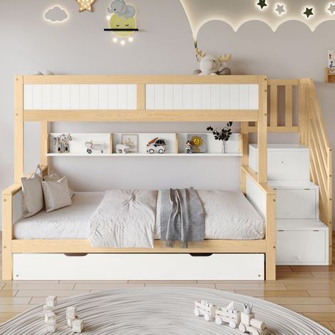 Lit superposé - 90x200+90x190+120x200cm - Barrière de sécurité - Lit gigogne et armoire - Blanc/Naturel