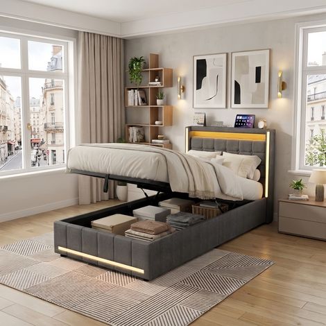 Lit Coffre 90x200 cm en Tissu Lin avec LED RGB Connectée, Tête de Lit Capitonnée avec Prises USB et Type-C, Sommier à Lattes Hydraulique - Gris
