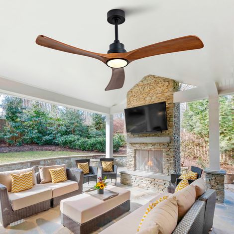 Ventilateur de plafond 132 cm avec lumière, 3 pales en bois noyer, télécommande, noir (1/5)