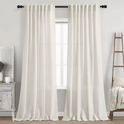 Rideaux en lin crème à languettes arrière, 84 pouces de long pour salon, lot de 2 panneaux, style ferme moderne neutre, rideaux en lin semi-transparents préservant l’intimité, aspect plissé élégant, c (1/5)