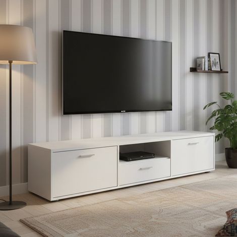 Dmora - Mobile porta TV Giaele, Credenza da soggiorno, Armadio basso per TV, Base parete attrezzata, 177x40 h38 cm, Bianco (1/5)