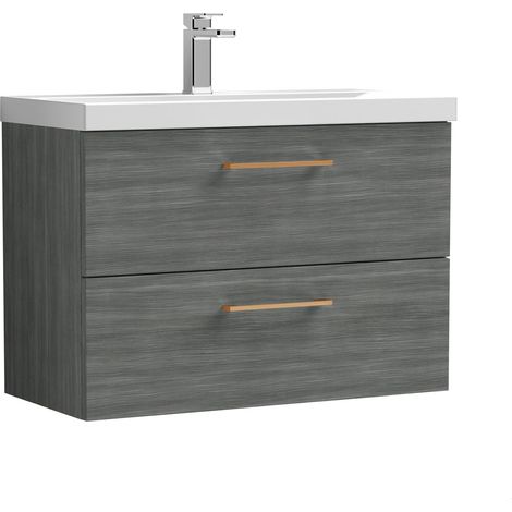 Balterley 800mm Wall Hung Bathroom 2 Drawer Vanity Unit and 1 Tap Hole Ceramic Basin, Woodgrain Anthracite with Copper Handles