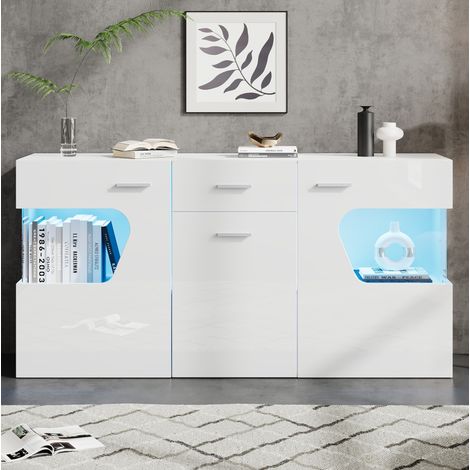 Sideboard 140x33x70 cm, Hochglanz Weiß, mit 3 Türen, Schublade, Glasfächern, MDF (1/5)